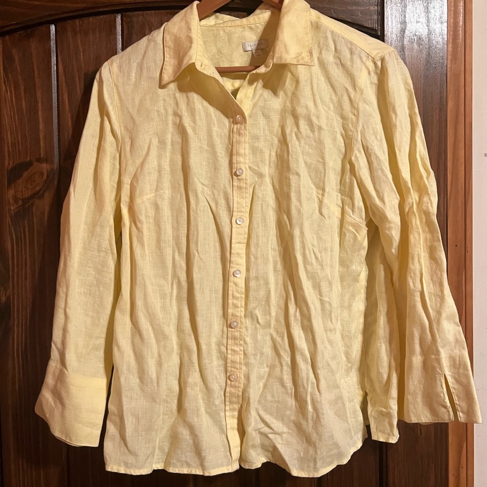 Talbots yellow button down 100% linen shirt blouse w split sleeve spring Easter